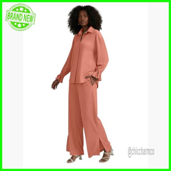 Long Sleeve Button Down Blouse & Wide Leg Pants Set, Medium - Picture 6 of 7